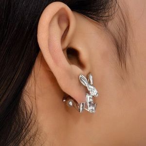 🐇 Cute metallic bunny rabbit front and back stud jacket earrings 🐰